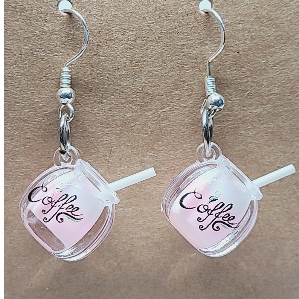Handmade Pink Coffee Cup‎ Miniature Dangle Earrings Silver Tone Fishhook 1.5"
